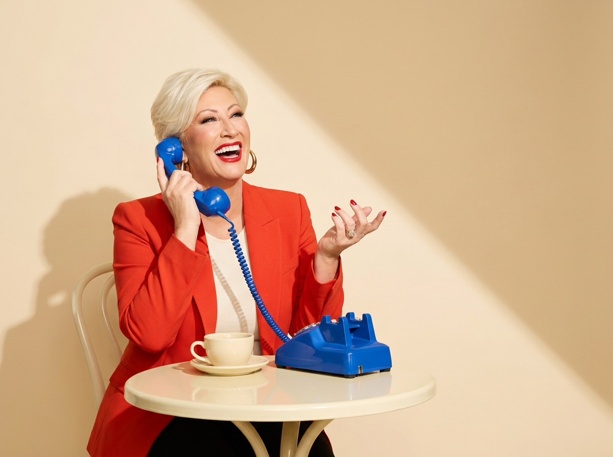 Kim Gravel laughing on a blue rotary phone at a café table